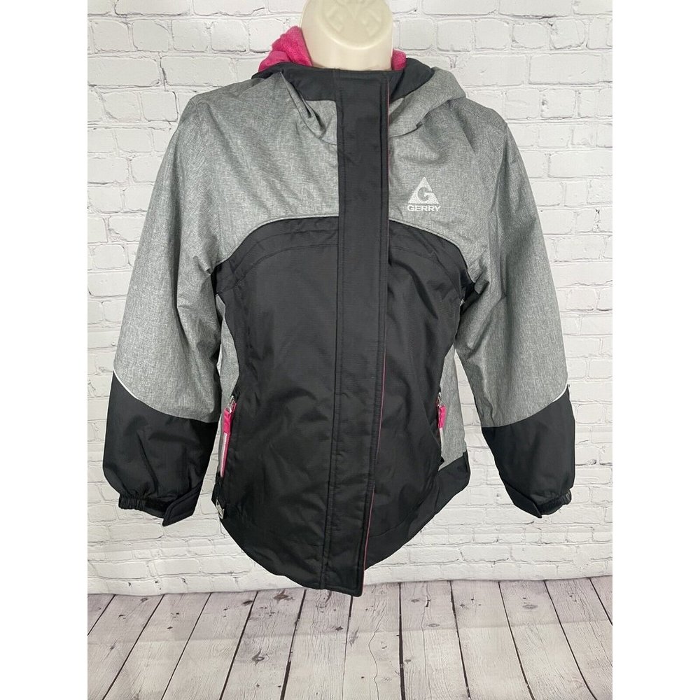 Gerry Grey Black Ski Snow Color Block Faux Fur Hooded Jacket Girls Size M Medium
